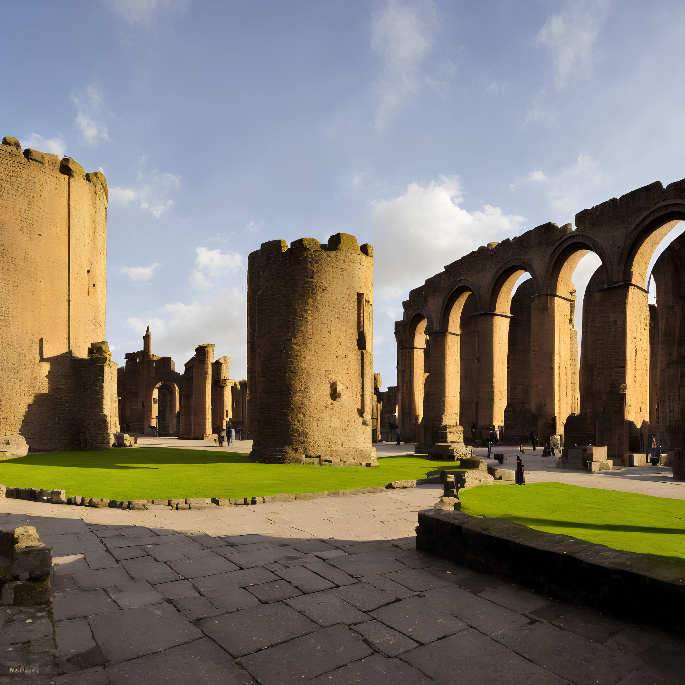 Ancient ruins with tall archways and columns under clear blue sky