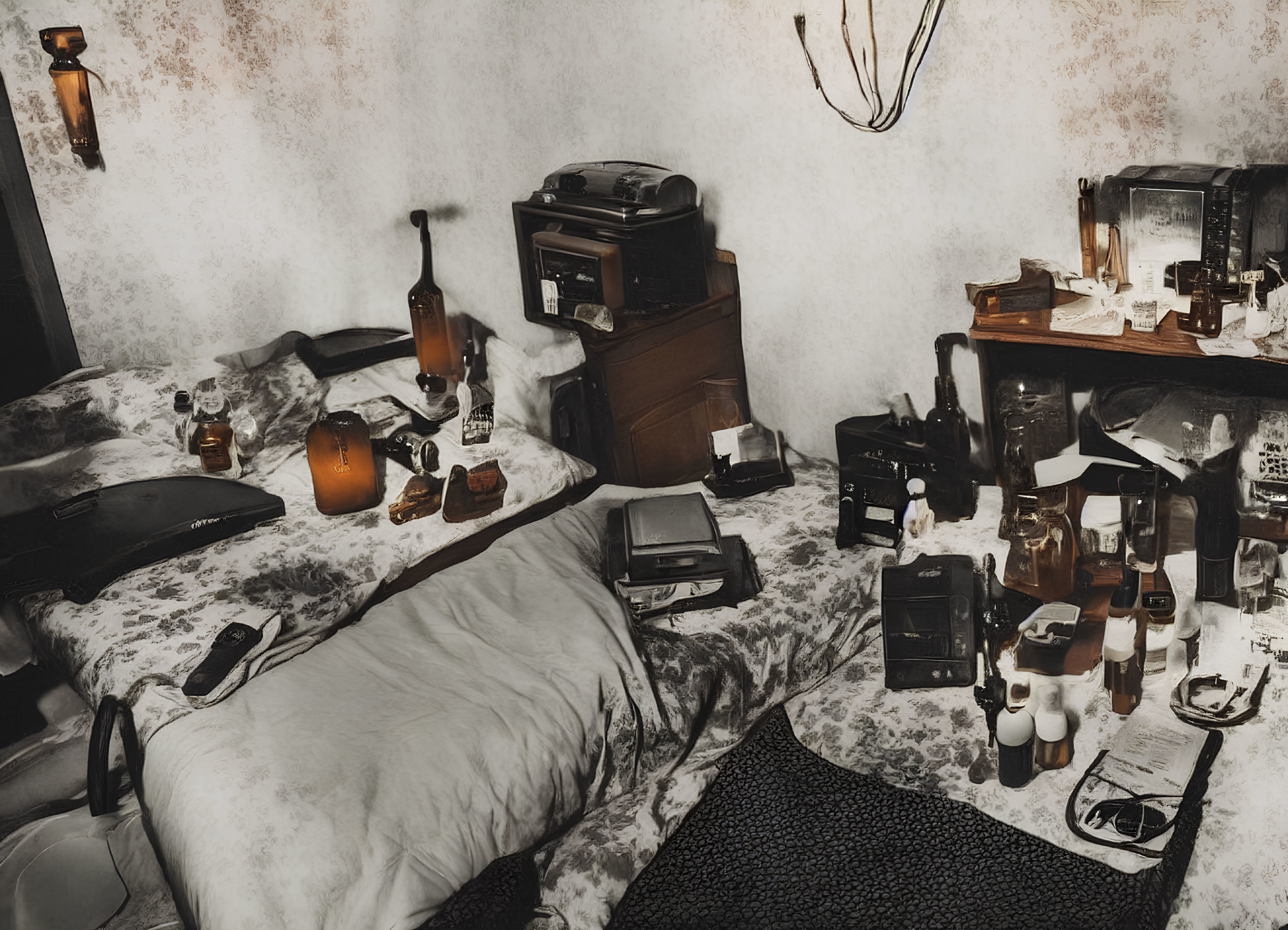 Cluttered room with disheveled bed and vintage items