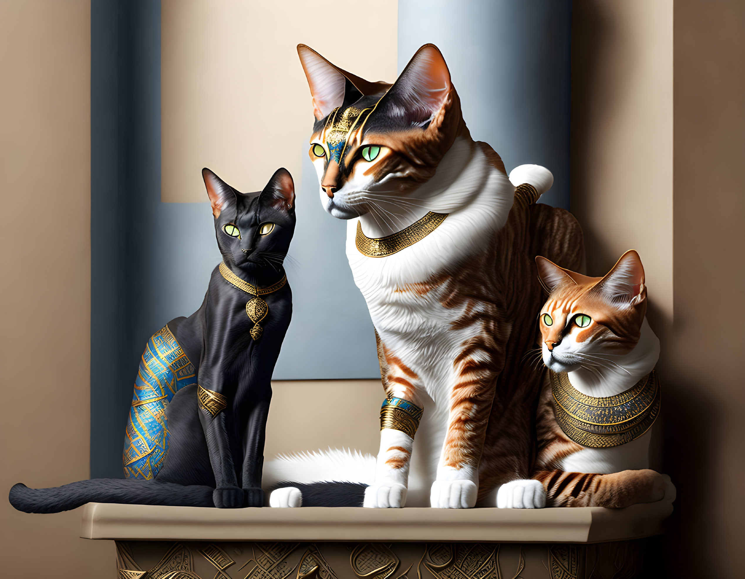 Three cats depicted as ancient Egyptian royalty with gold and blue accessories, posing on a pedestal