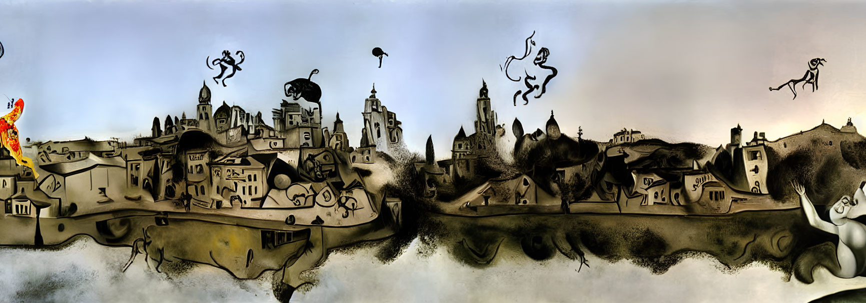 Surrealist black and white cityscape with floating silhouettes and colorful flame-licked figure