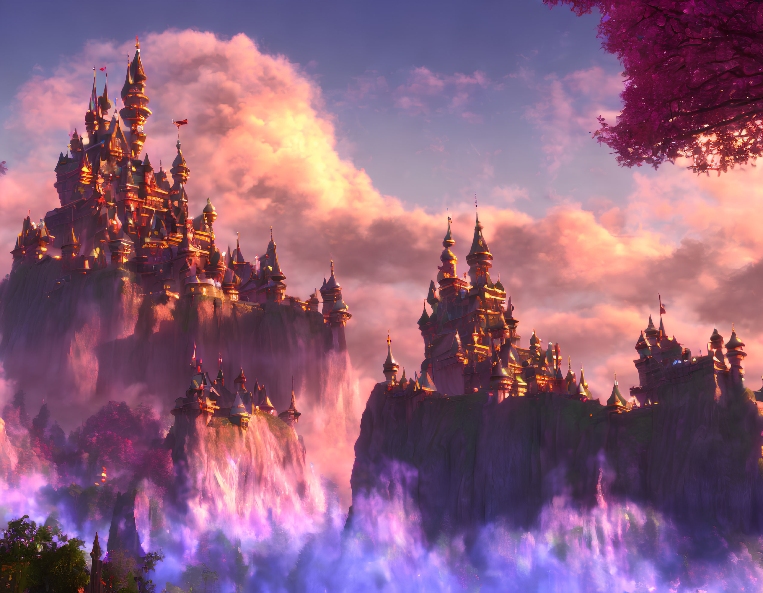 Fantasy castle on cliff with waterfalls, pink clouds, warm glow