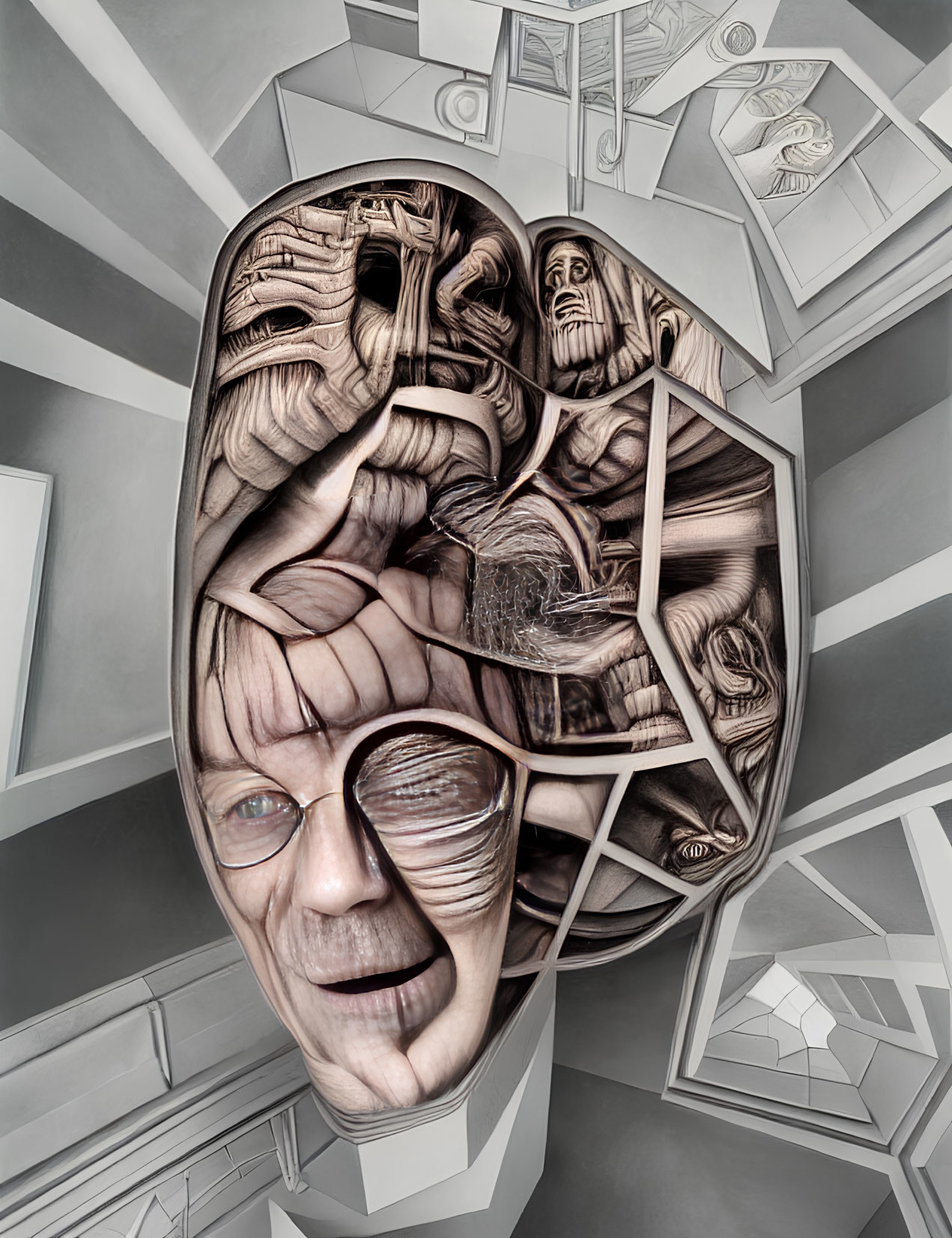 Surreal illustration of fragmented human face against abstract backdrop