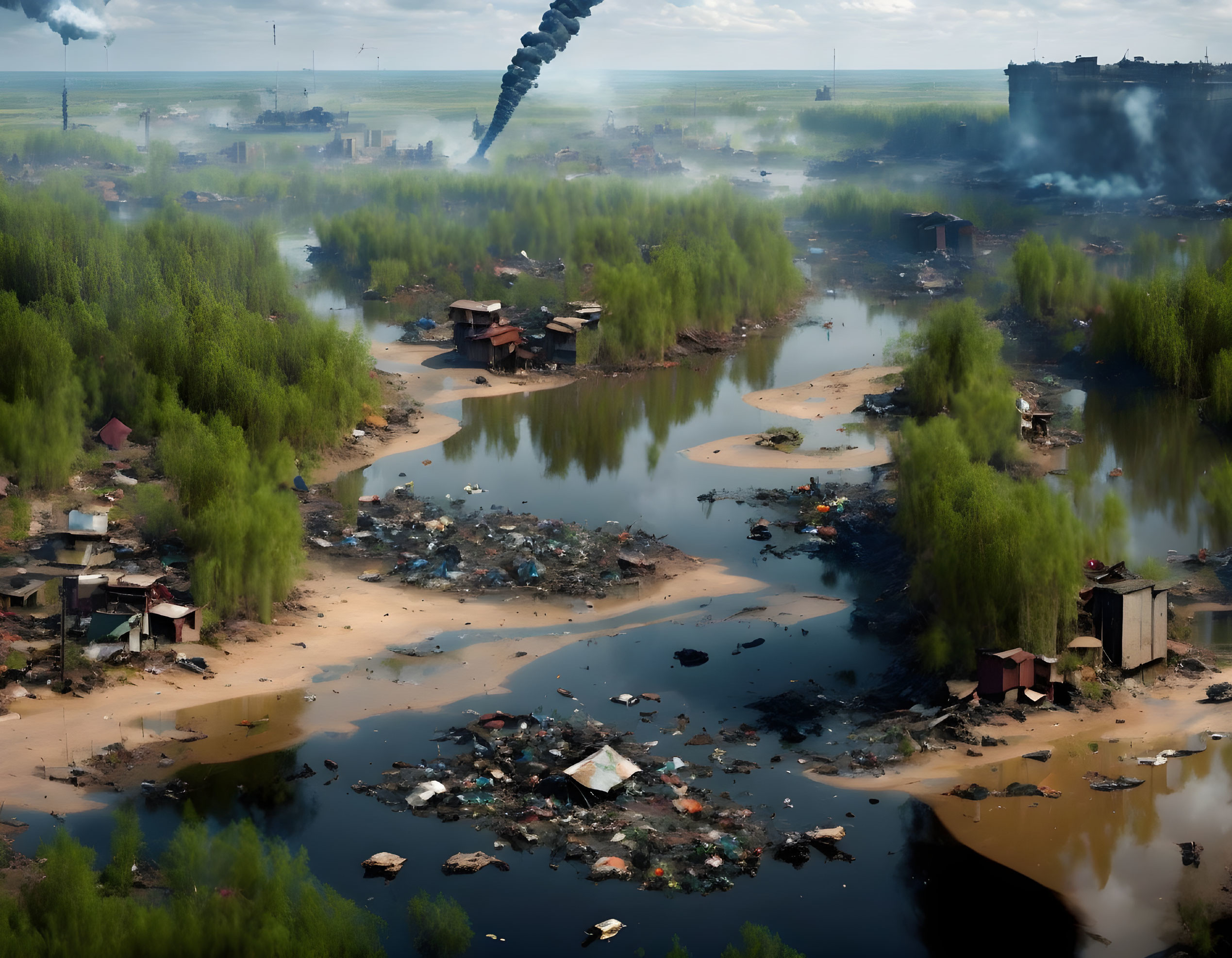 Polluted waterway with debris, dilapidated structures, greenery, and smokestacks