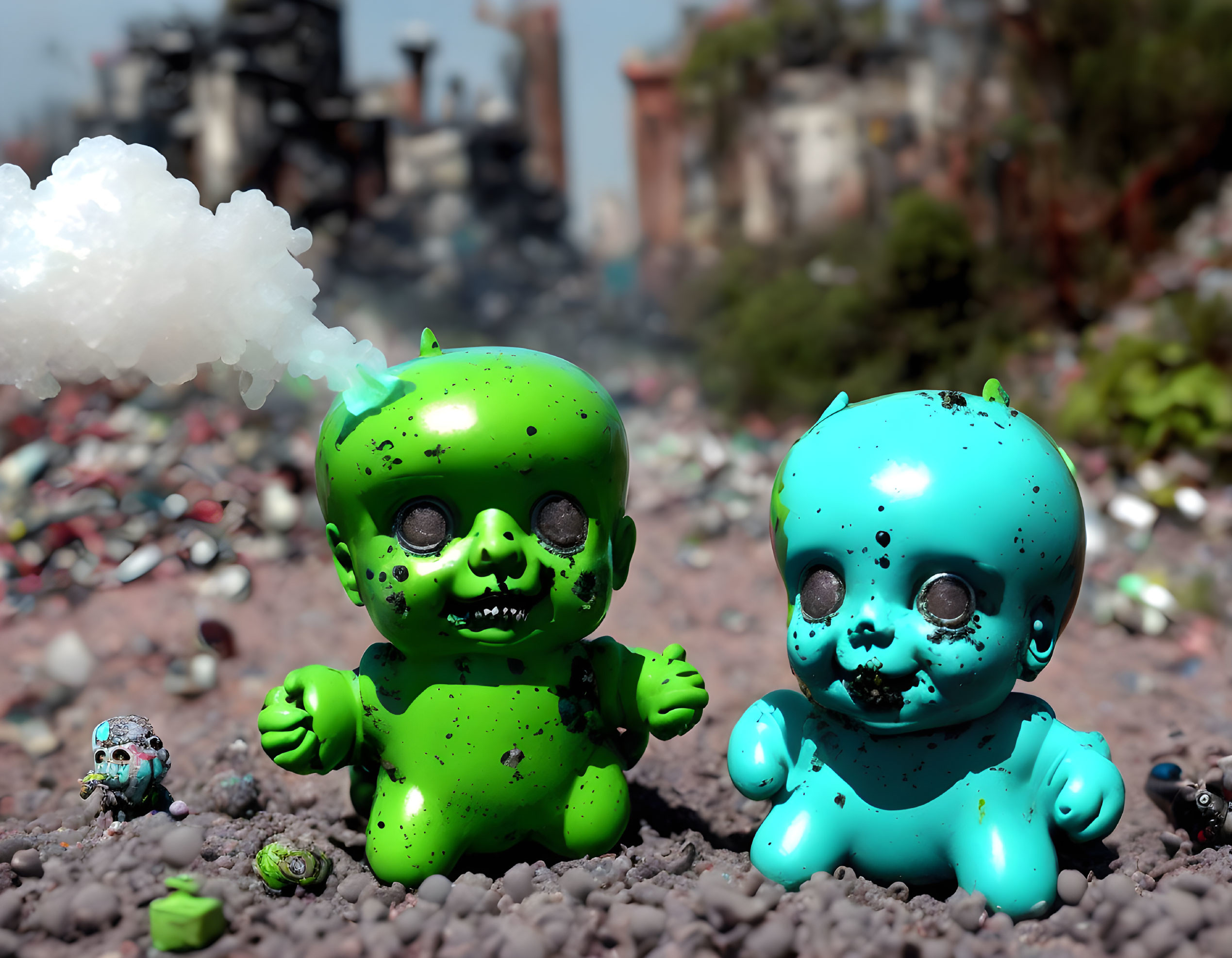 Zombie-themed toy figures with smoke in apocalyptic miniature scene