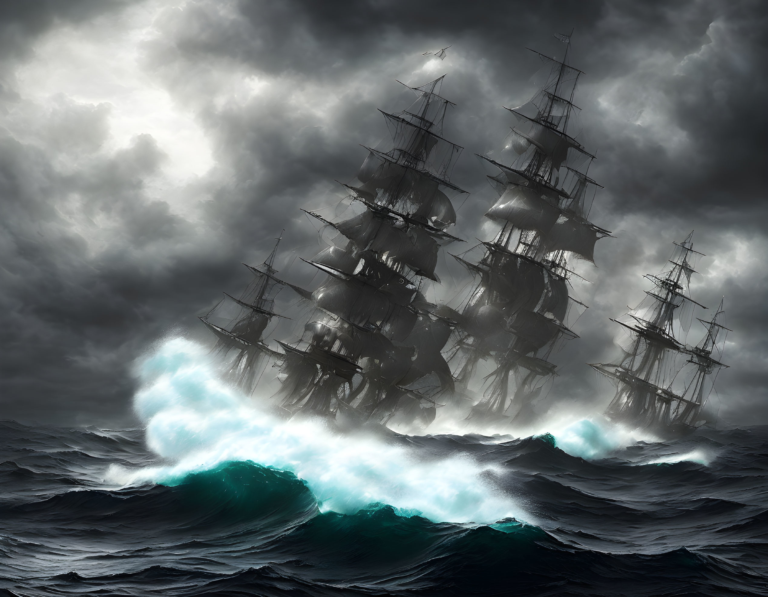 Tall ships sailing in stormy ocean with bioluminescence