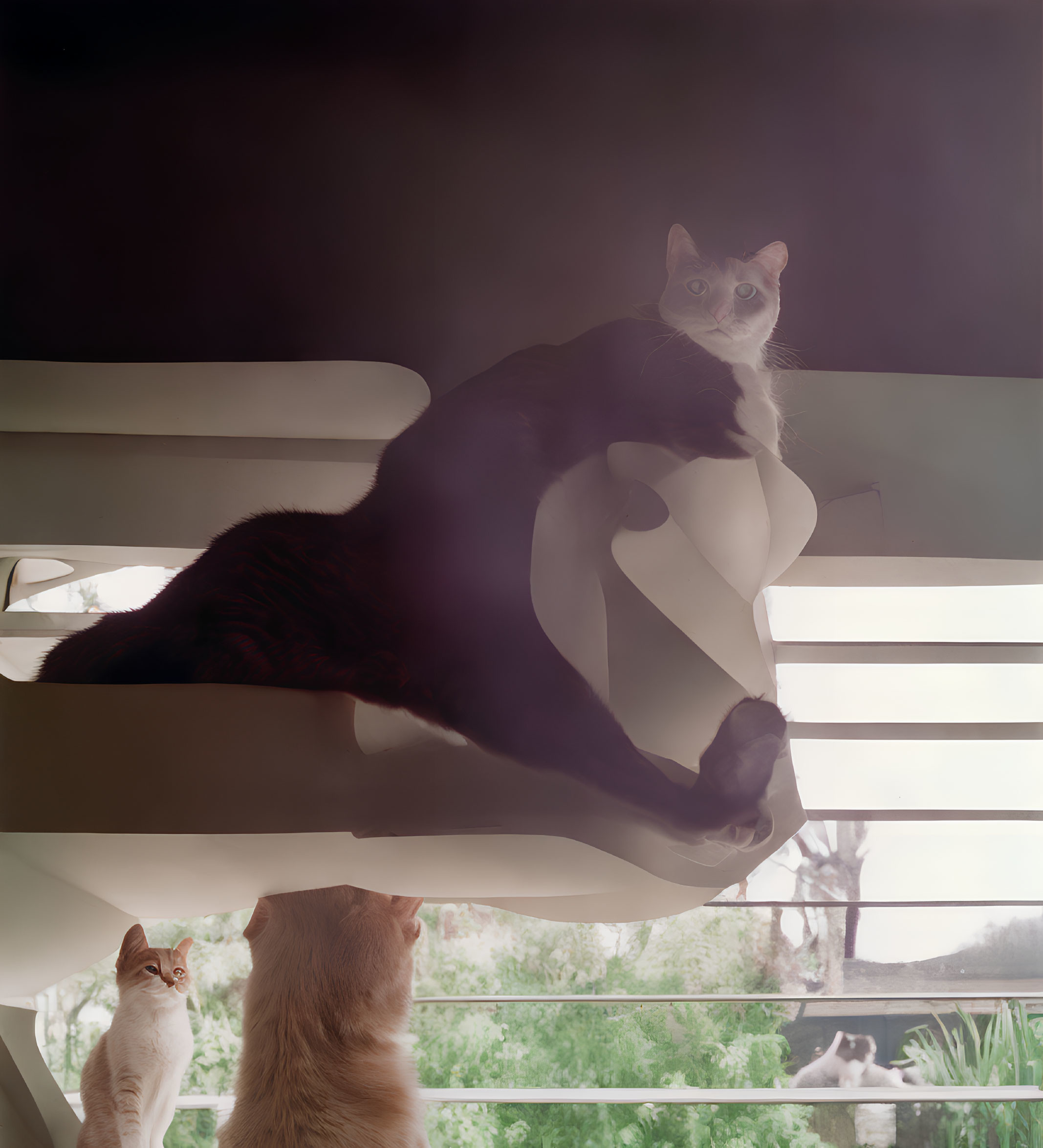Three cats in black and white - one lounging on a window blind, two watching.