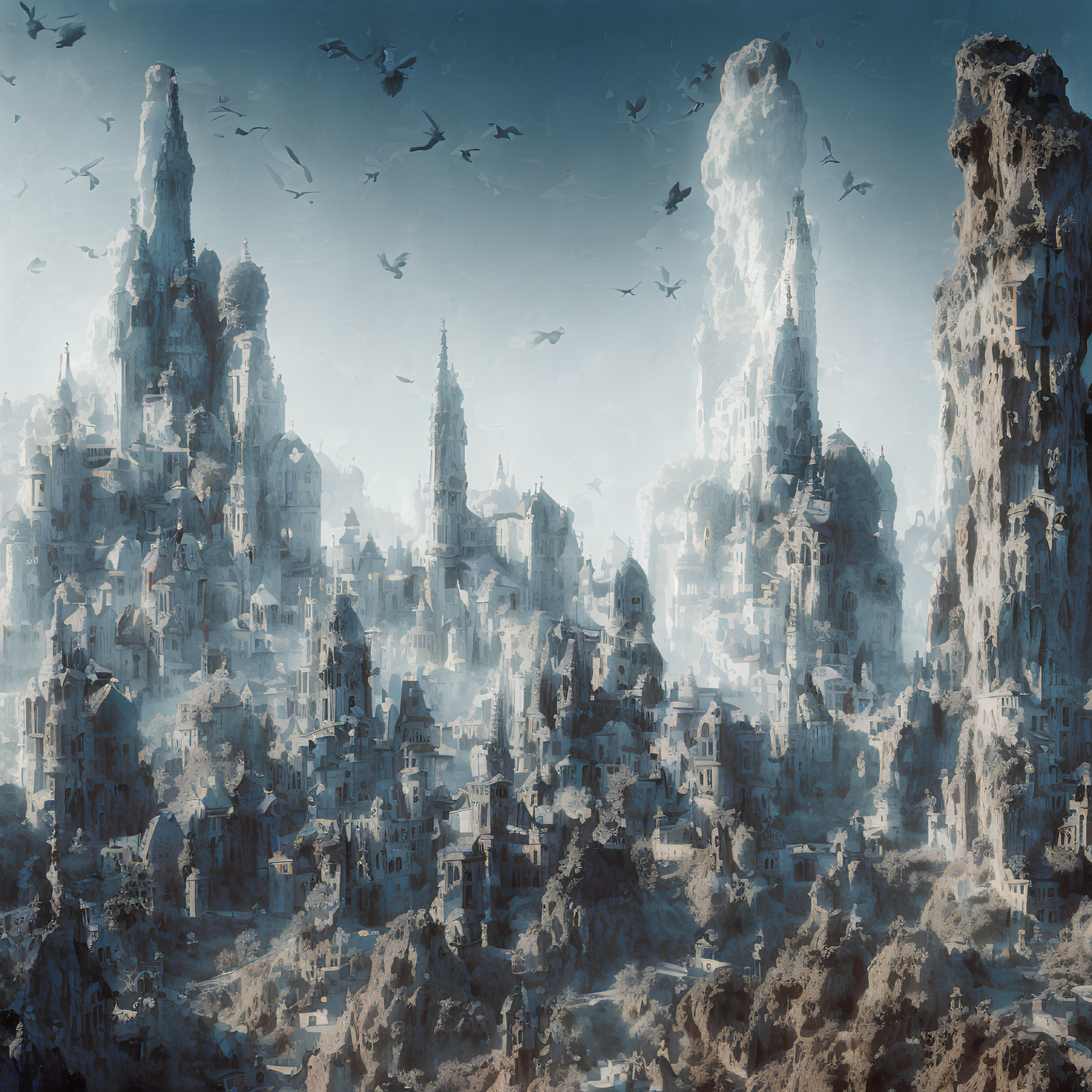 Fantasy city with towering spires and misty atmosphere