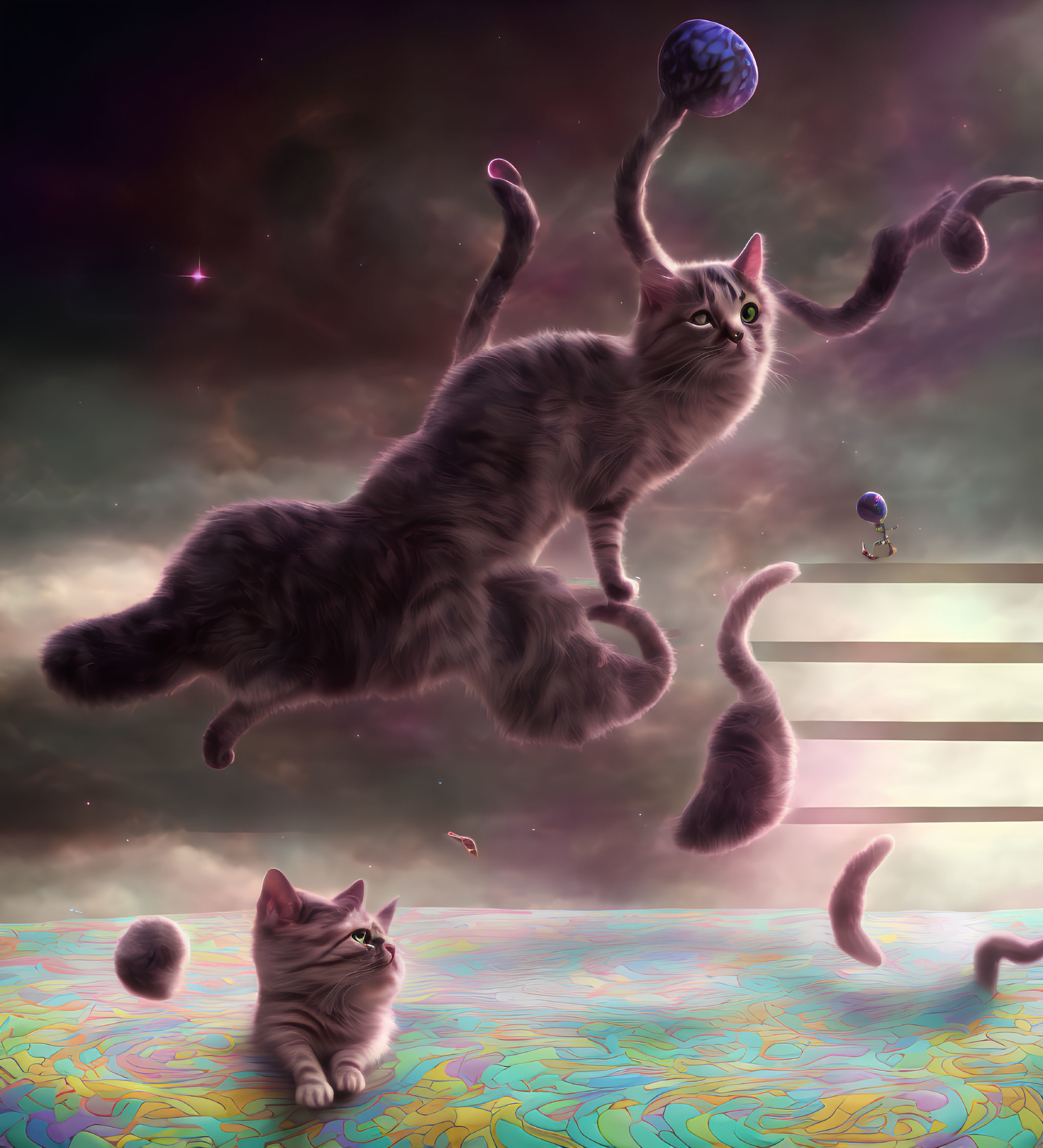 Surreal cosmic scene: cats with extended furry limbs against colorful nebulae and striped planet