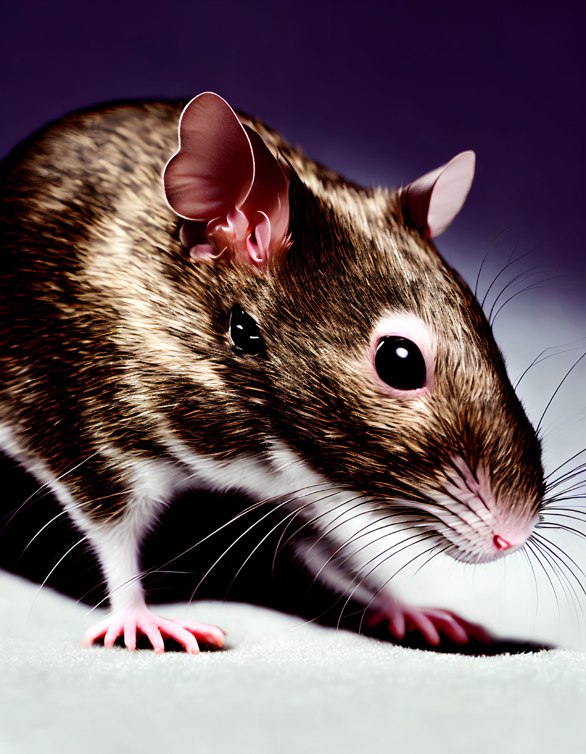 Brown and White Rat with Large Ears on Purple Background