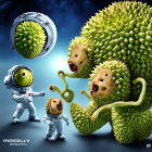 Astronauts encounter durian-like aliens in space scene