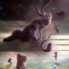 Surreal cosmic scene: cats with extended furry limbs against colorful nebulae and striped planet