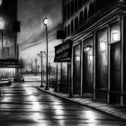 Monochrome night scene: deserted street with glowing street lamps and reflective wet pavement