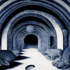 Detailed Black and Blue Illustration of Arched Passageways with Snake Statues