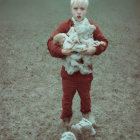 Bald person in red clothing with dolls on grassy background