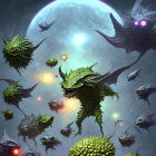 Fantasy scene with multiple menacing creatures under moon and distant planet