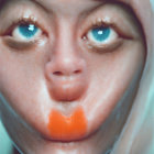 Person with skin-toned mask accentuating blue eyes and orange lips.