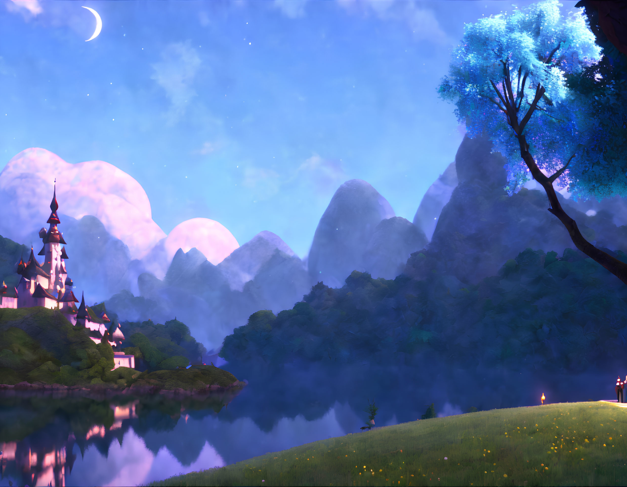 Nighttime animated castle scene by a reflective lake with mountains and starry sky