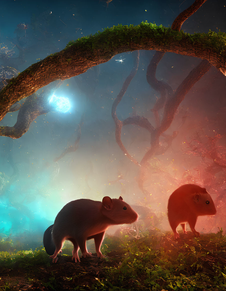 Mystical tree arch with glowing nebulous backdrops featuring two mice