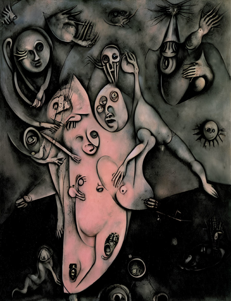 Surrealist painting with humanoid figure and abstract distorted beings