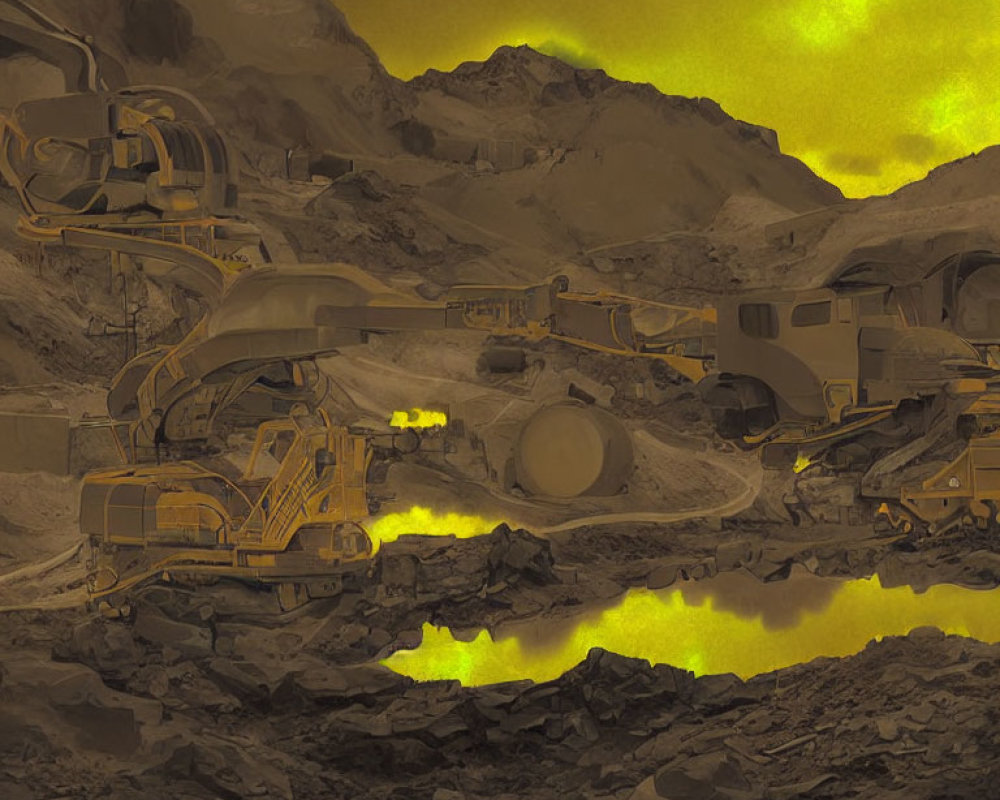 Sepia-Toned Industrial Mining Scene with Large Machinery and Vibrant Yellow Accents