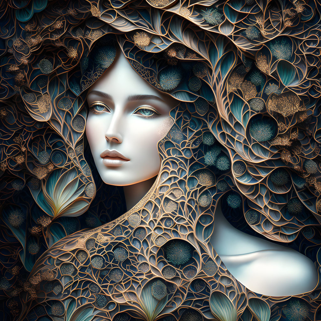 Detailed digital artwork: Woman with flowing hair in blue and gold floral patterns