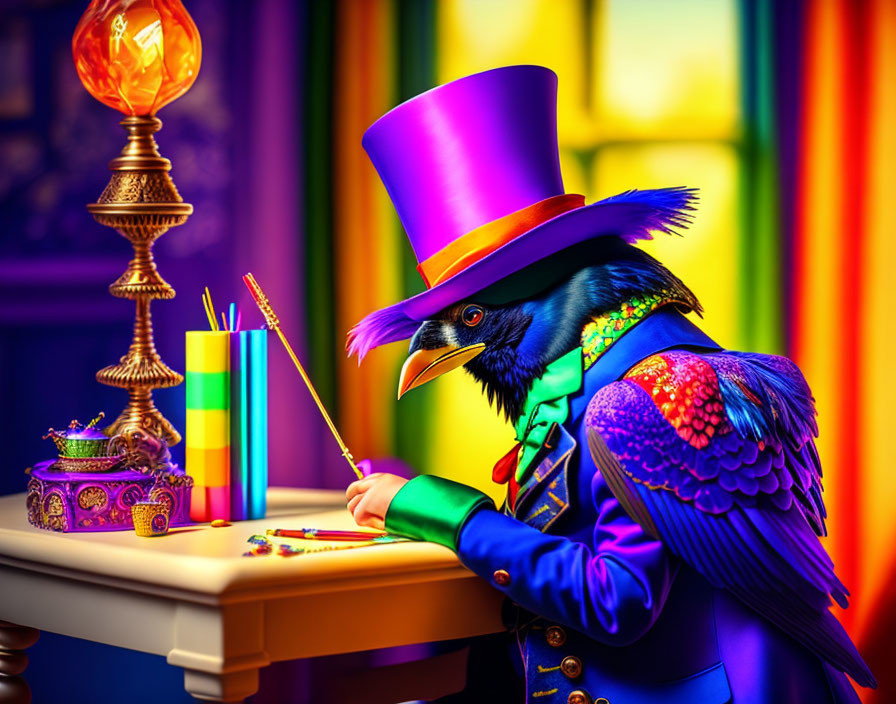 Colorful bird in top hat writing at vibrant desk