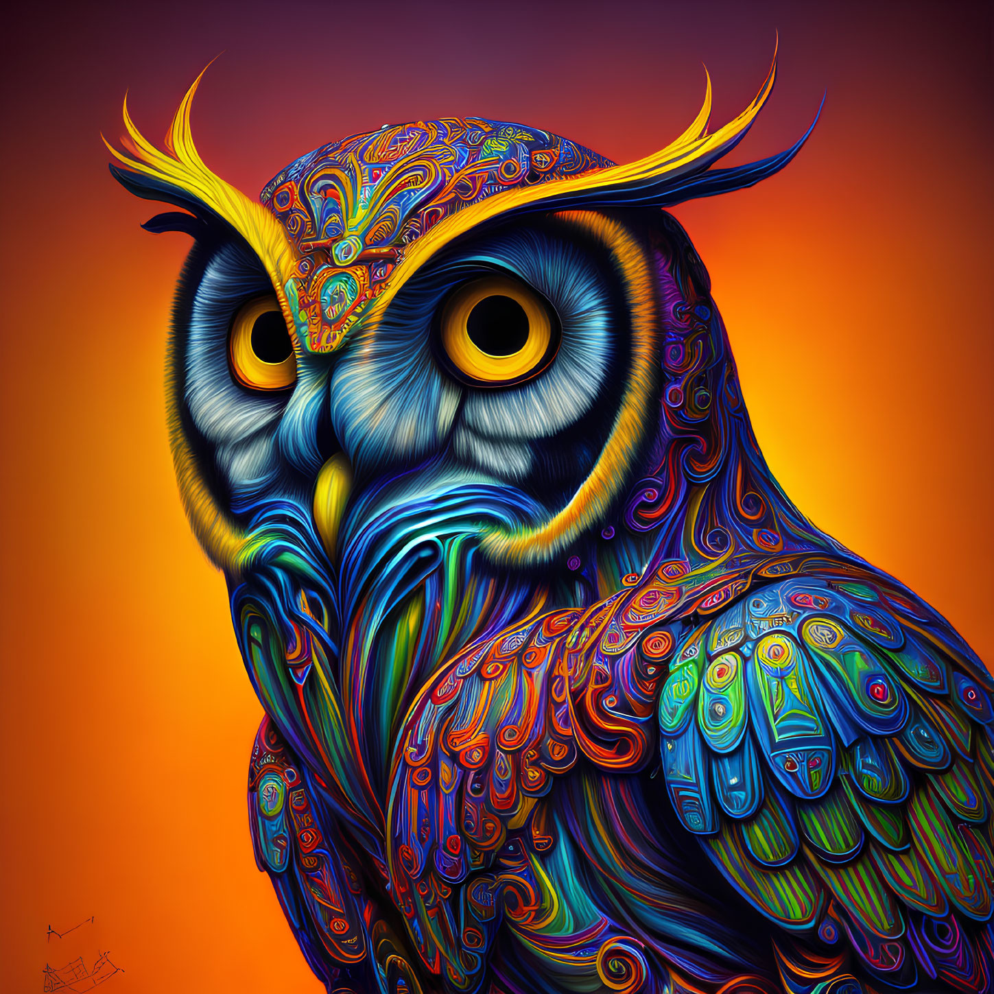 Vibrant owl illustration with intricate psychedelic patterns