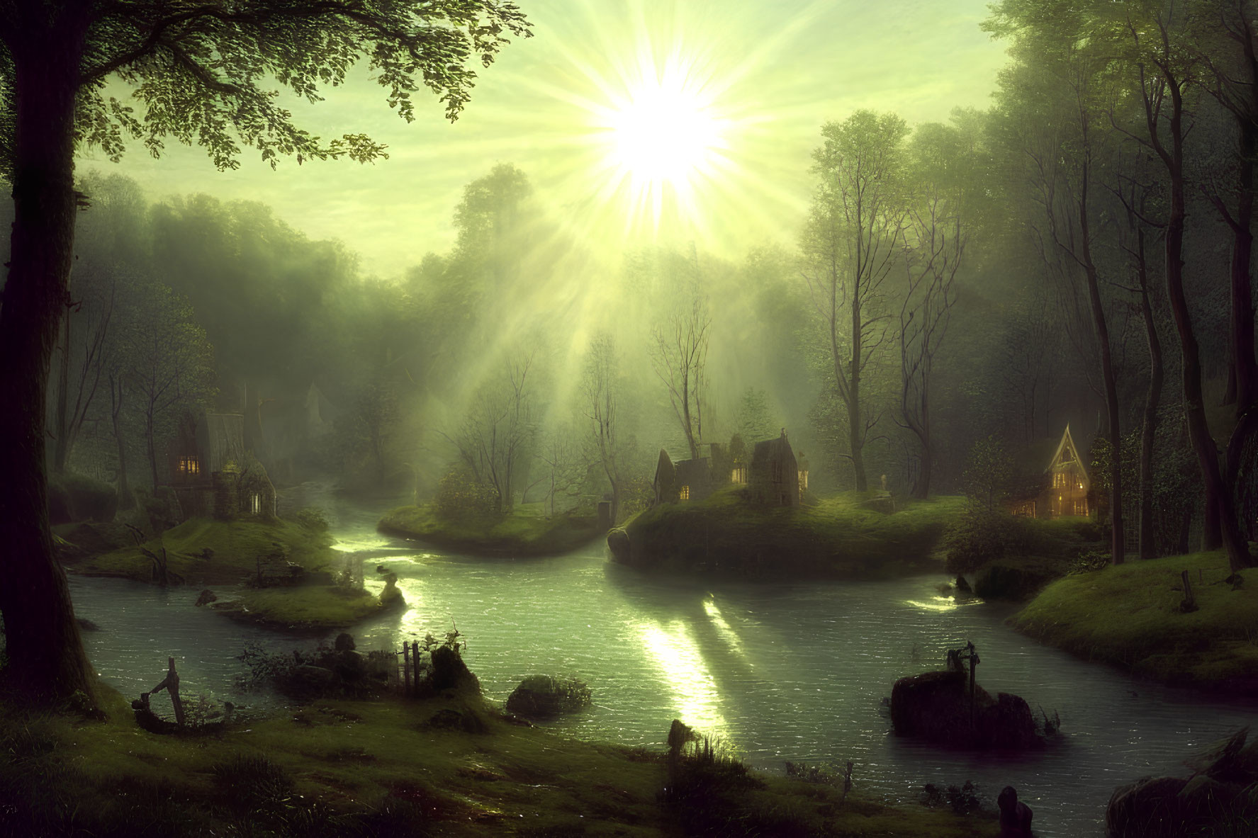 Serene forest village at sunrise with cottages, misty trees, and river reflections