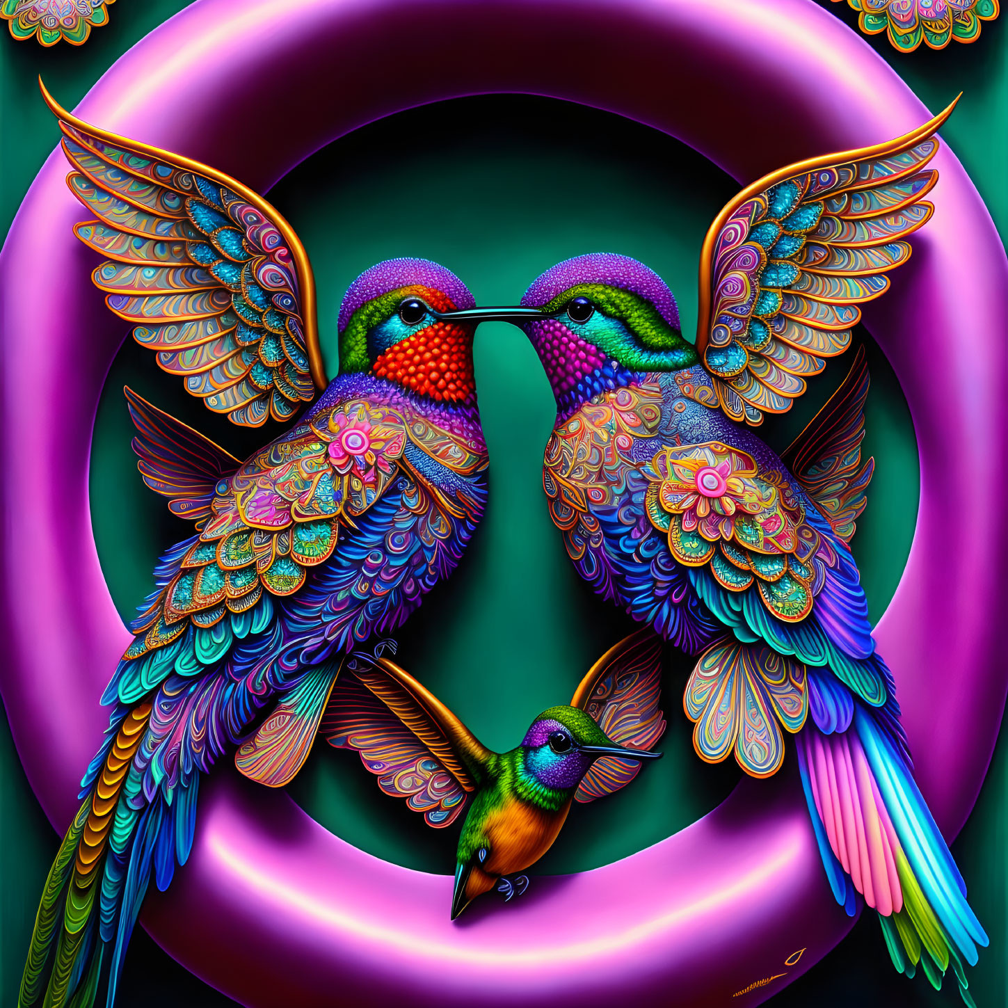Colorful Stylized Hummingbirds Artwork on Dark Background