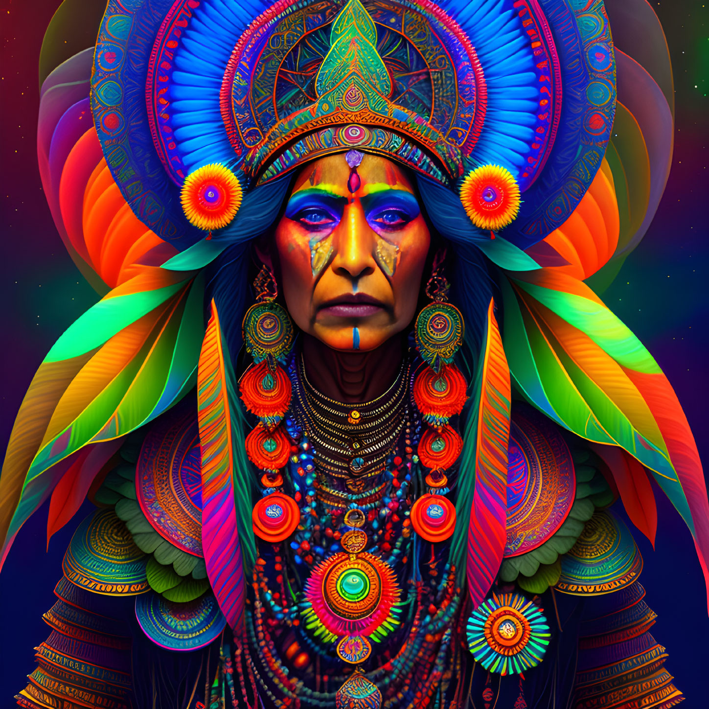 Colorful digital artwork of person in indigenous attire with feathered headdress