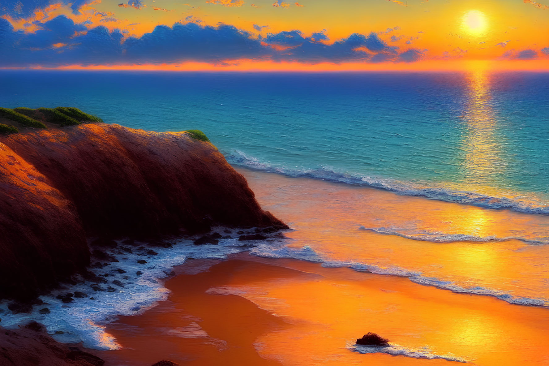 Scenic sunset at beach with cliffs and colorful sky