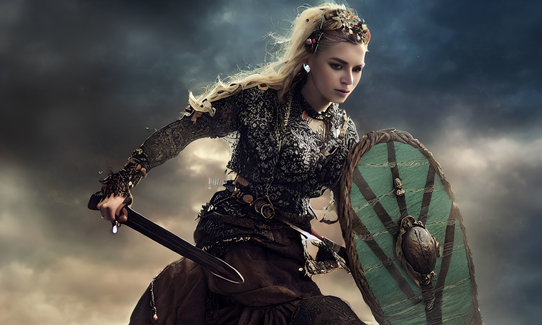 Medieval warrior woman in ornate attire with sword and shield against dramatic sky
