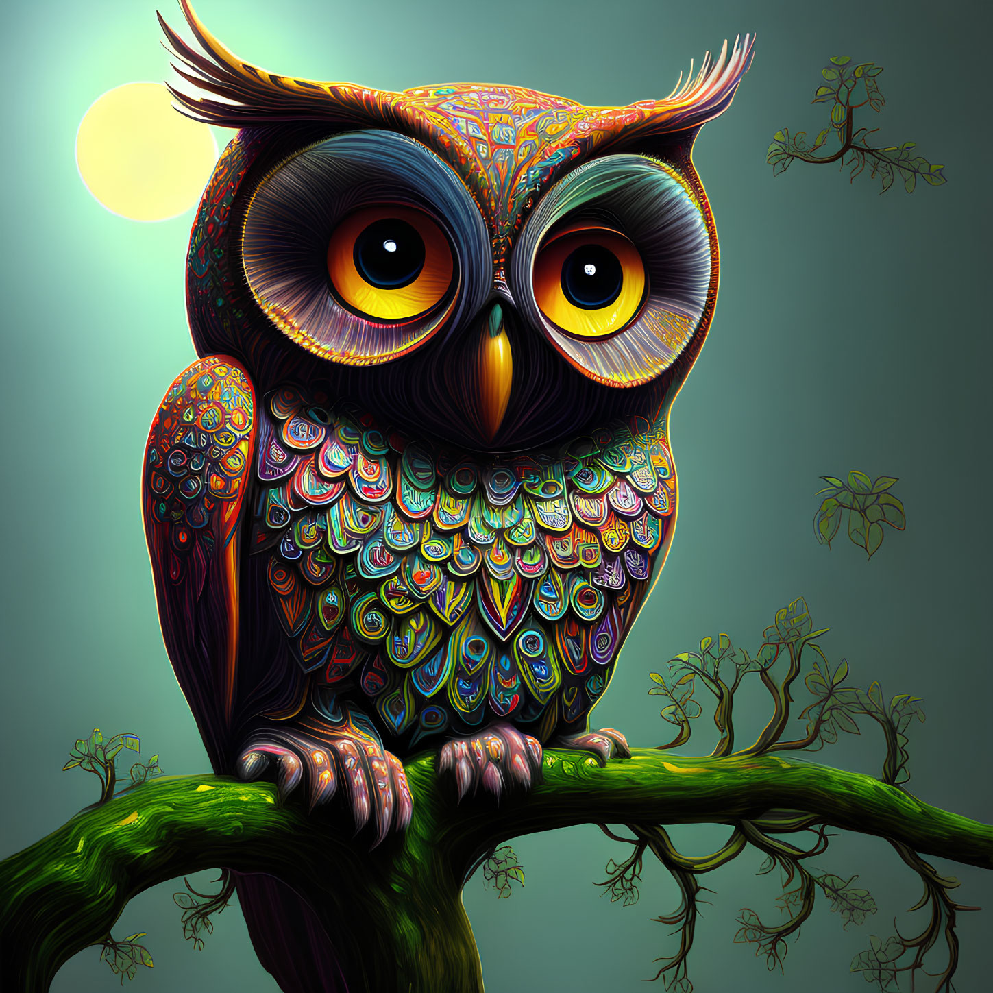 Colorful Stylized Owl Illustration with Expressive Eyes on Green Branch