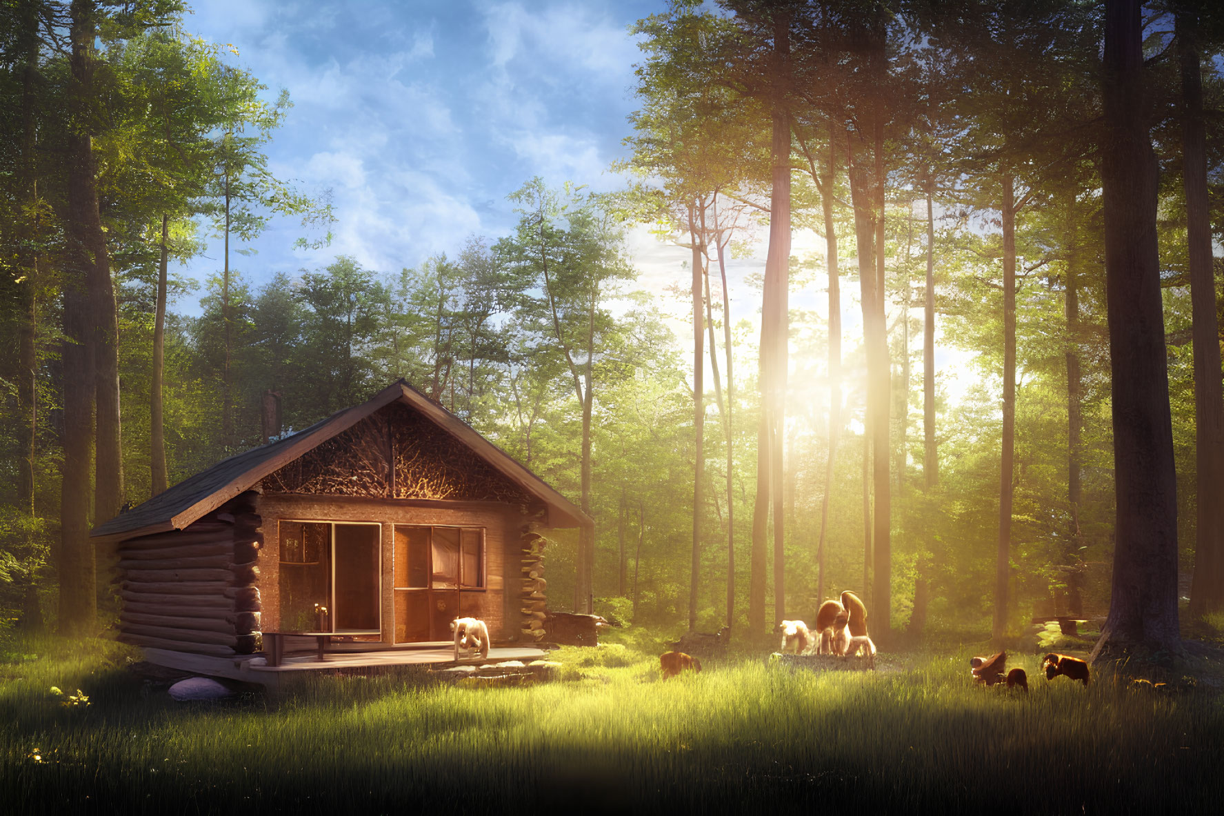 Tranquil woodland scene with log cabin, sunlight, woman, and dog