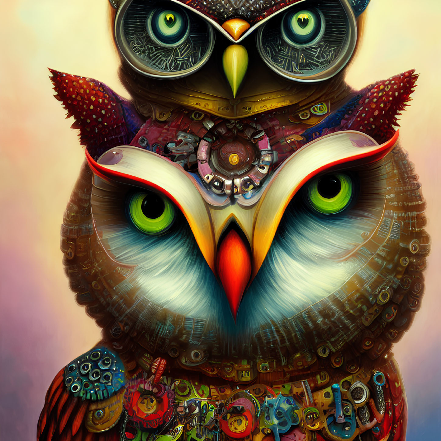 Colorful Mechanical Owl Illustration with Gears and Cogs on Warm Background
