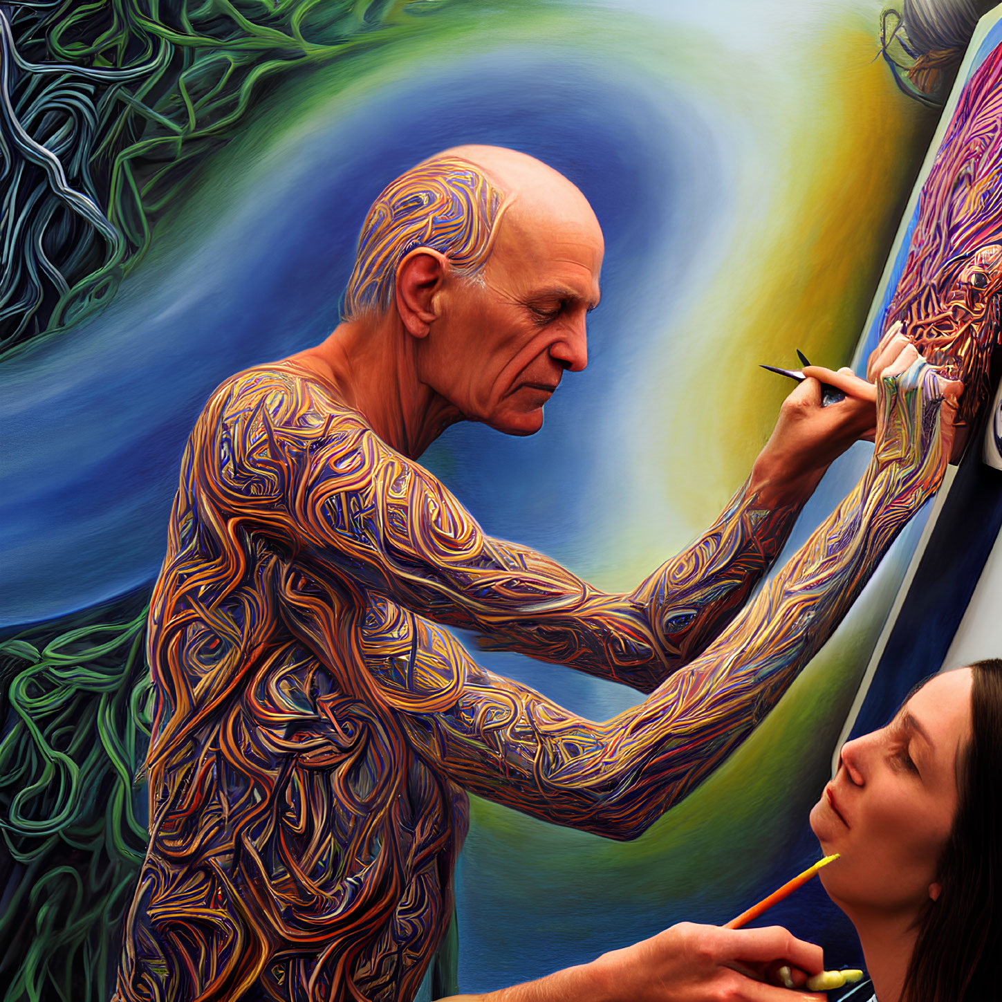 Elderly artist with intricate tattoos painting colorful portrait of woman