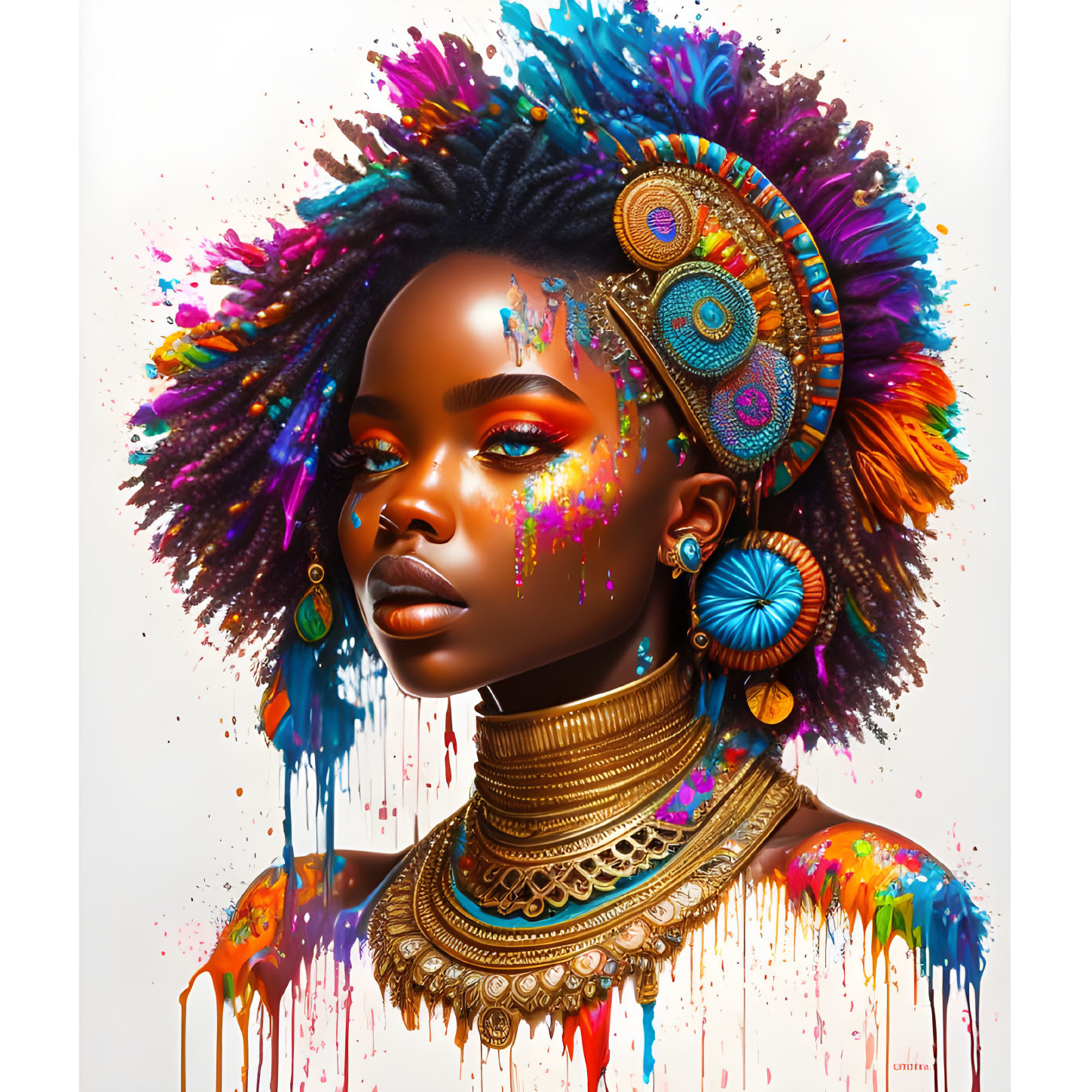 Colorful digital artwork of African woman with paint drips in hair and jewelry