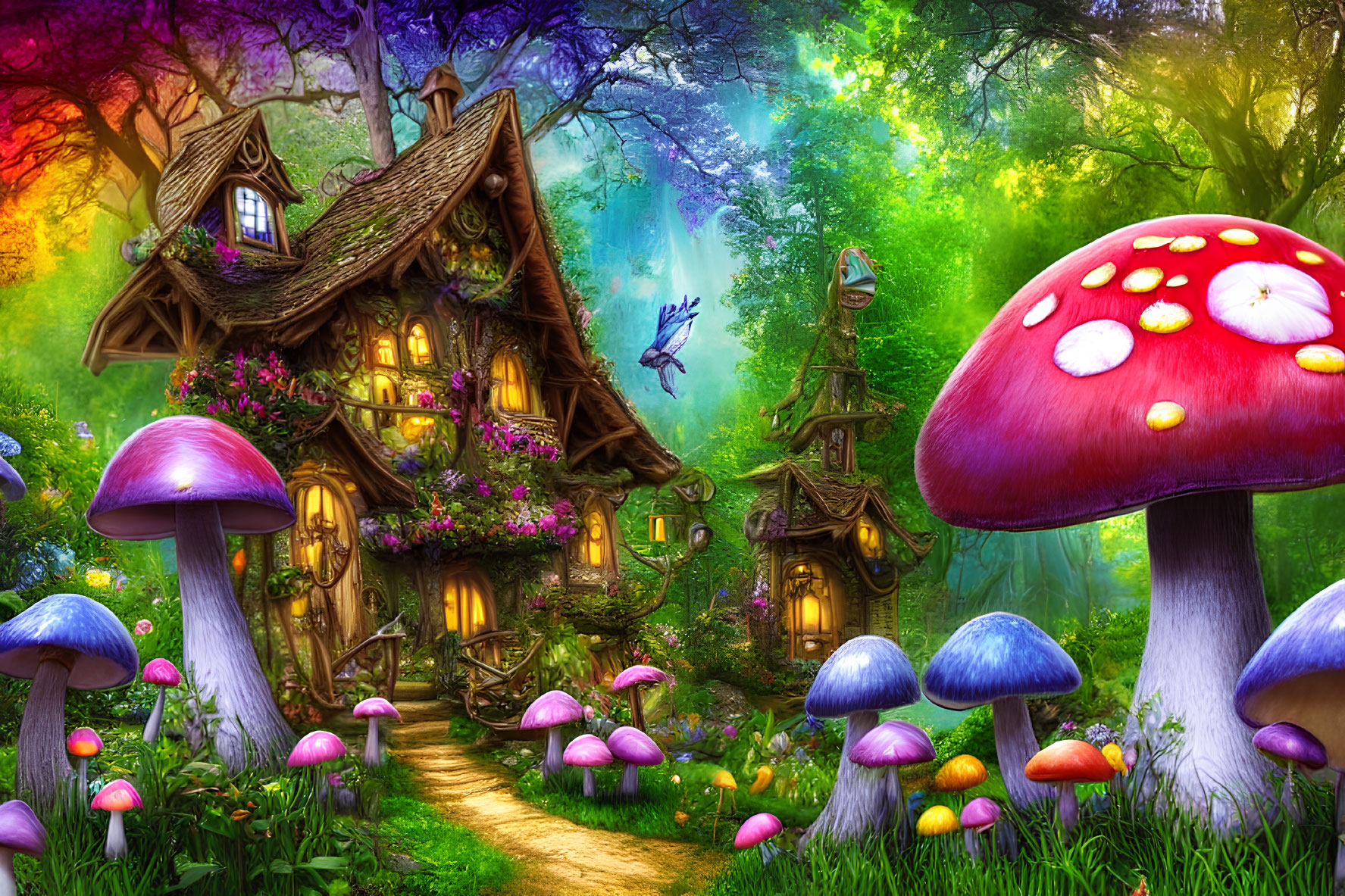 Whimsical enchanted forest with mushroom house and vibrant flora