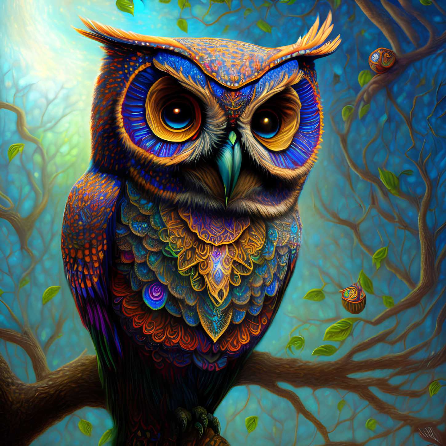 Colorful Owl Perched on Branch in Mystical Forest