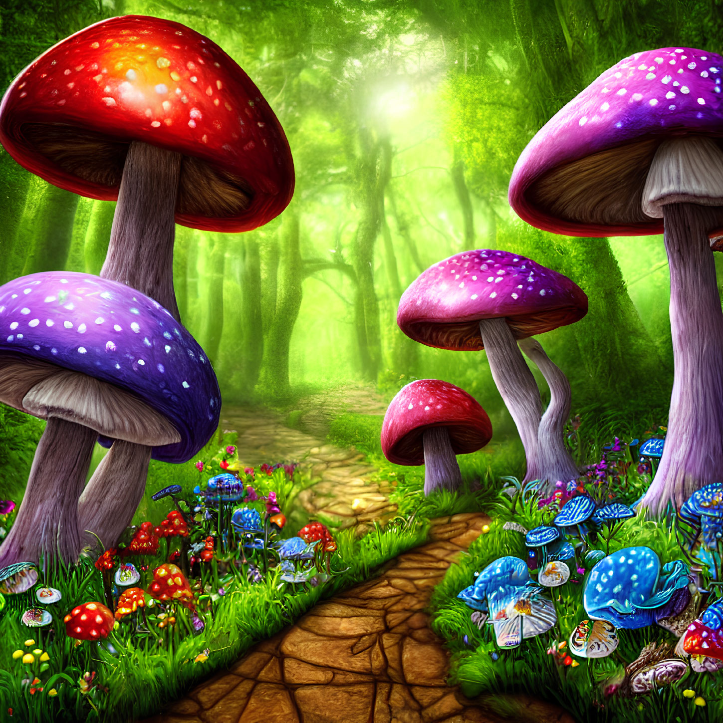 Enchanting forest path with oversized mushrooms and vibrant flora