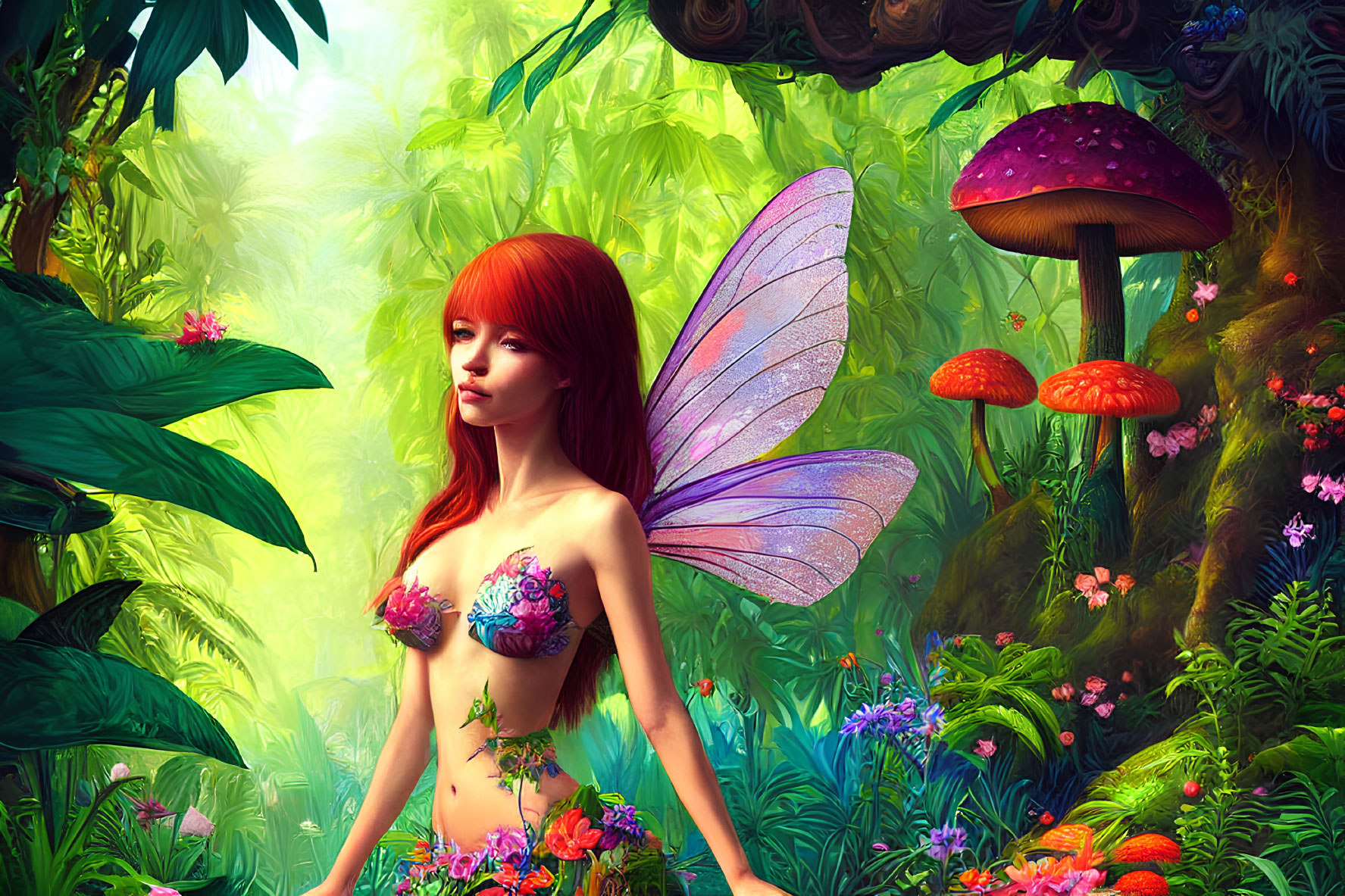 Red-haired fairy with translucent wings in lush, colorful forest