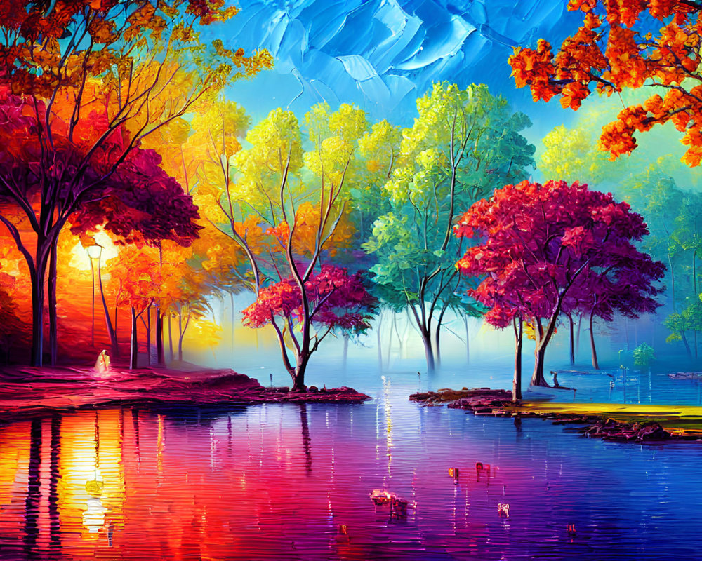 Colorful autumn trees reflecting in serene lake under textured blue sky
