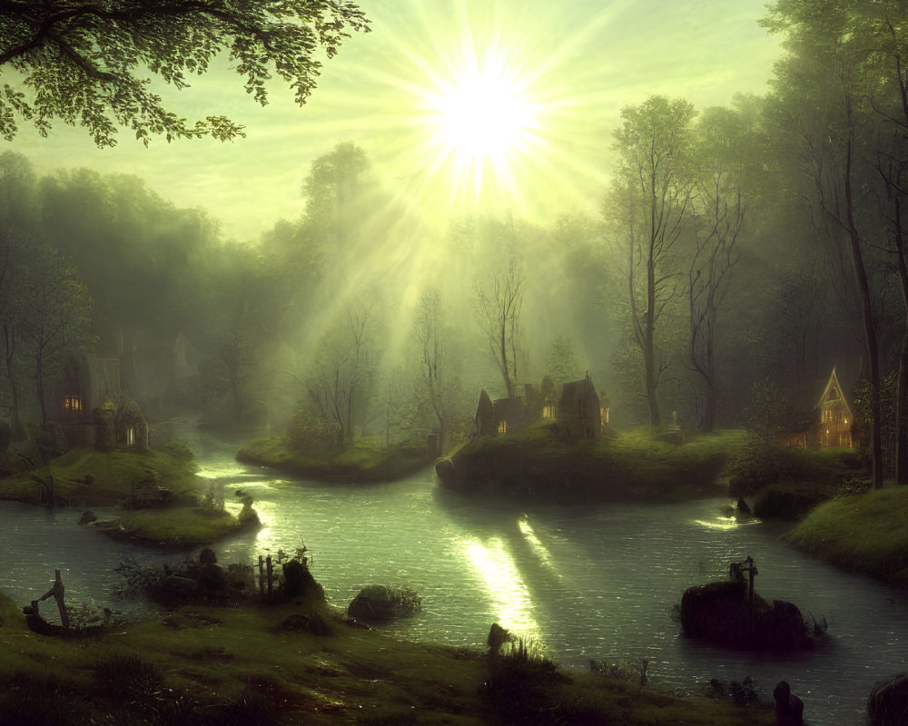 Serene forest village at sunrise with cottages, misty trees, and river reflections