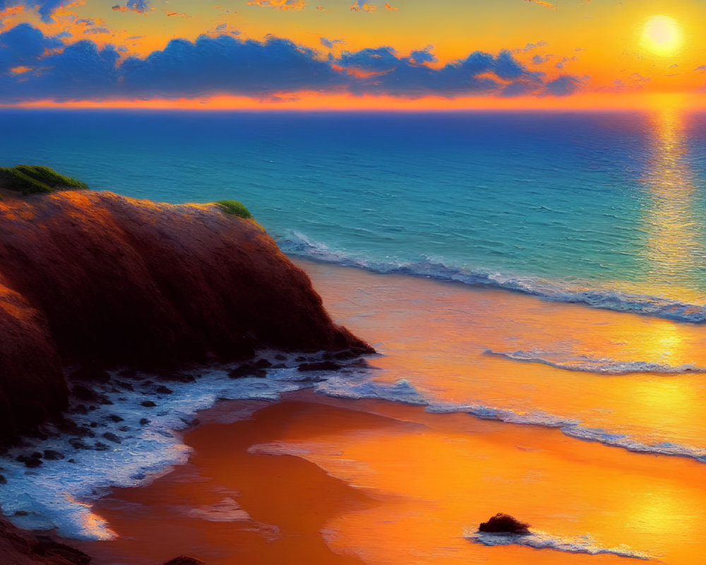 Scenic sunset at beach with cliffs and colorful sky