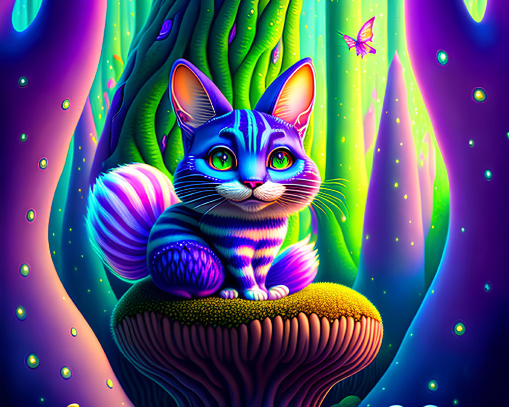 Colorful Cat on Mushroom in Neon Forest with Butterflies