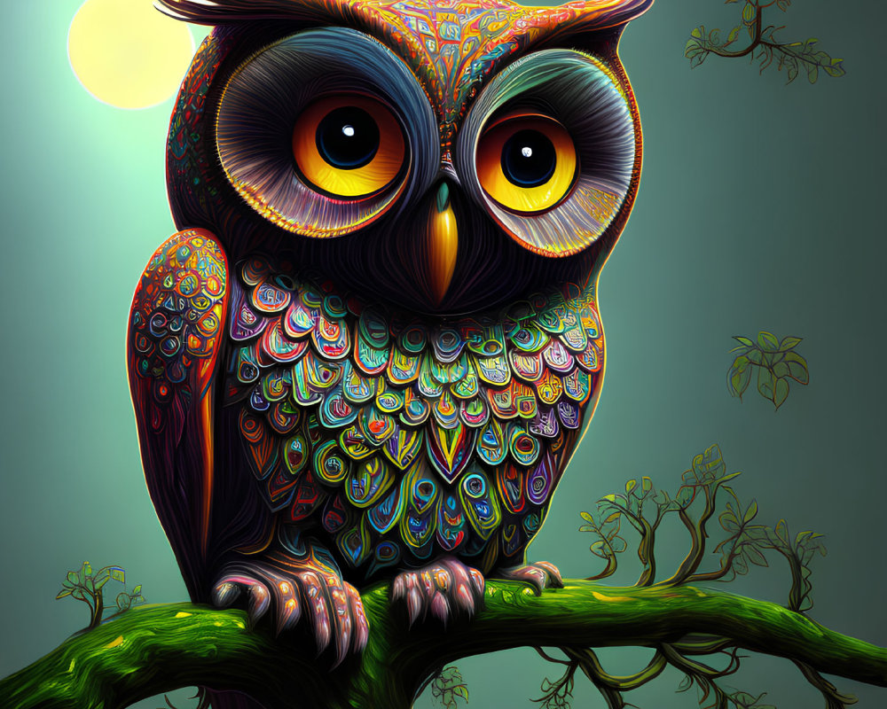 Colorful Stylized Owl Illustration with Expressive Eyes on Green Branch