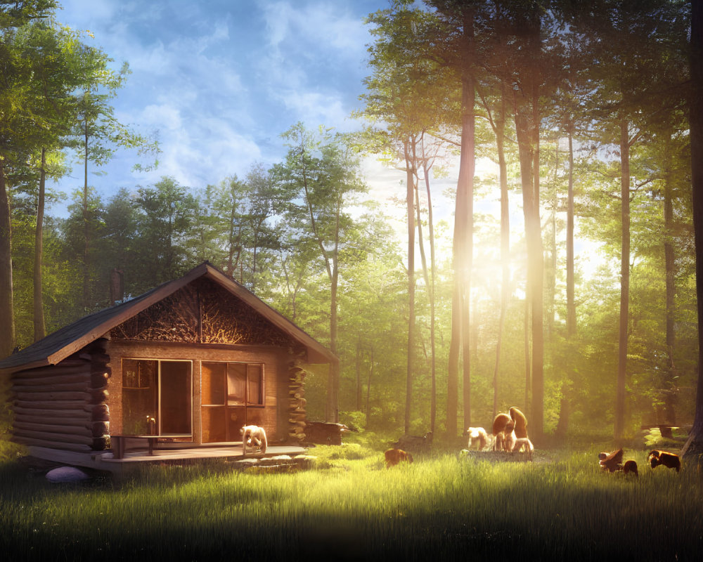 Tranquil woodland scene with log cabin, sunlight, woman, and dog