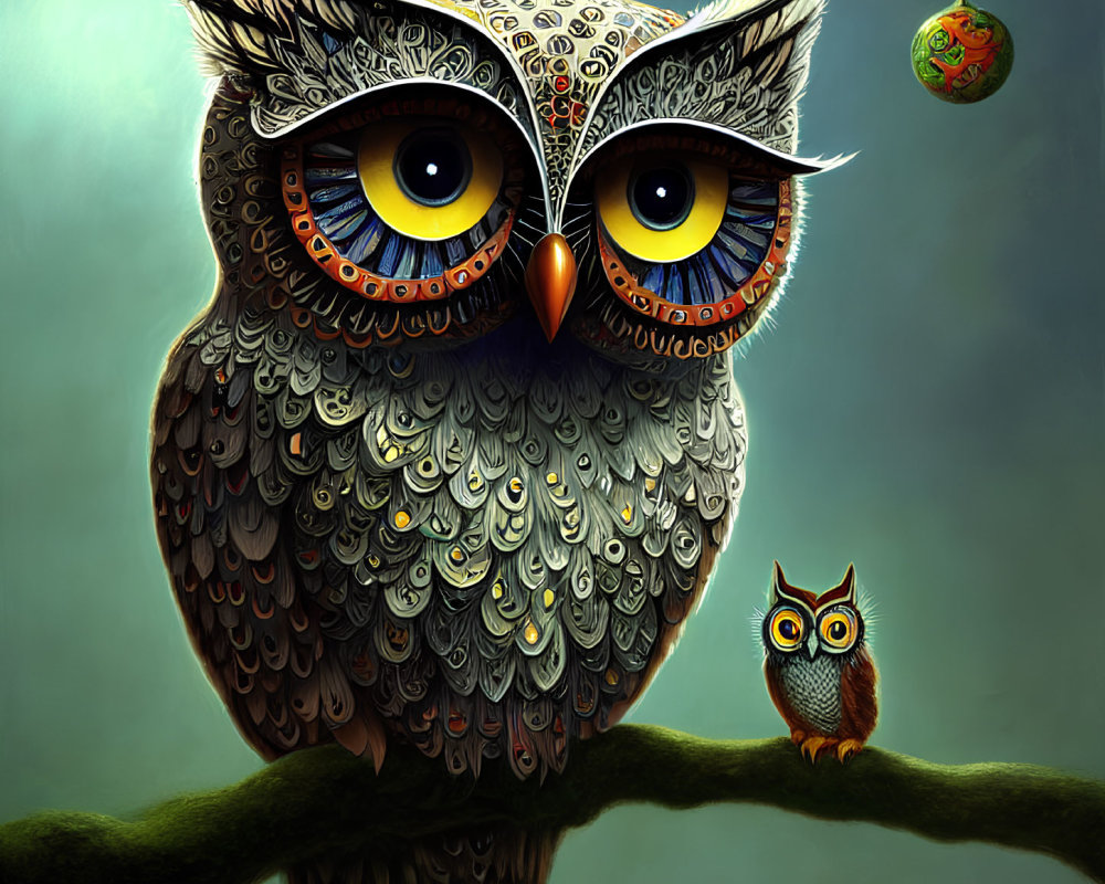 Stylized illustration of two owls on branch, one with large eyes