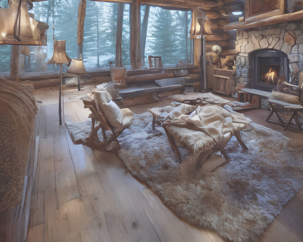 Rustic cabin interior with stone fireplace, wooden furniture, fur throws, snowy forest view
