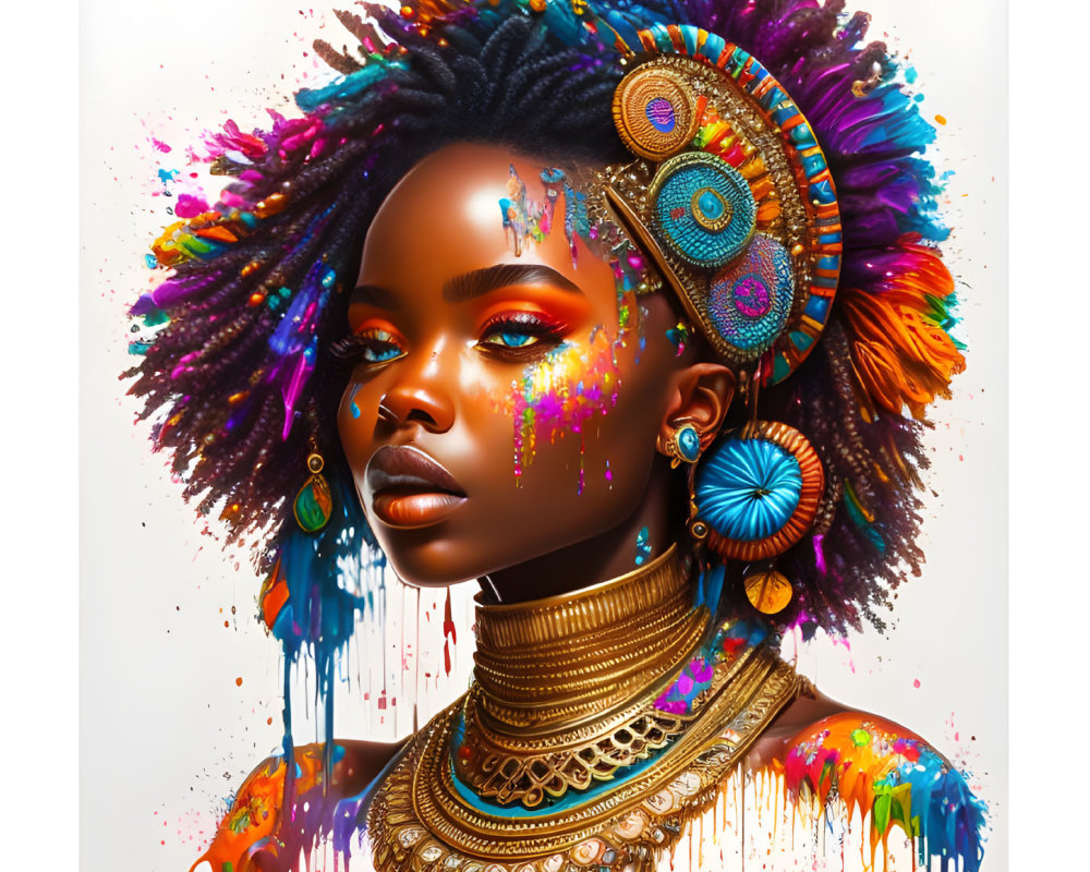 Colorful digital artwork of African woman with paint drips in hair and jewelry